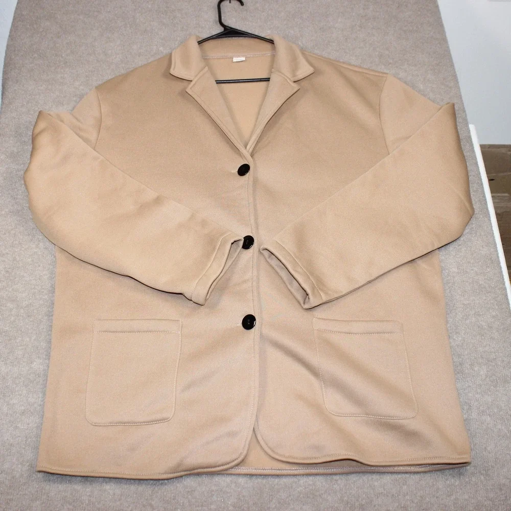 Tan Three Button Knit Blazer Jacket with Patch Pockets Size 3XL